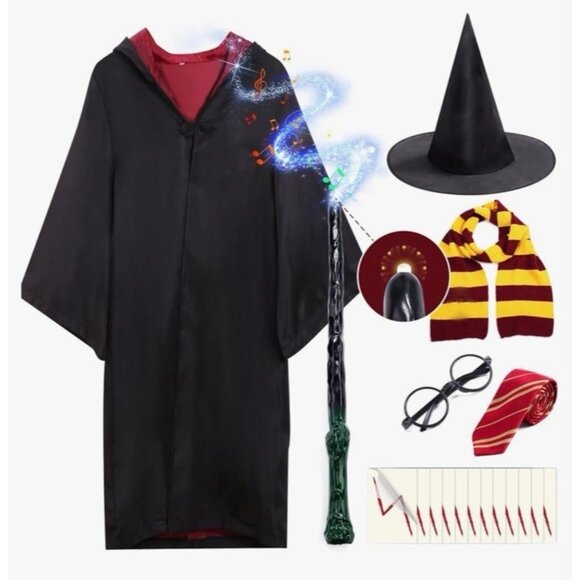 Harry Potter Gryffindor Costume Set Hat Wand Cloak Tie Glasses Scarf Tattoo Kit - Picture 1 of 5
